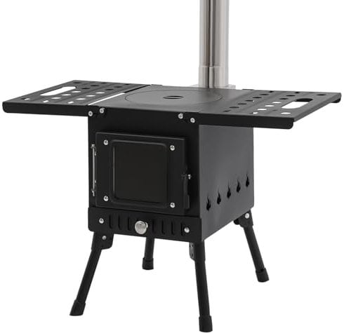 Camping-Holzofen, Tragbarer Holzofen für Zelte Edelstahl-Campingkocher, Holzofen mit Feuerrohr- Höhenverstellbar, schwarz