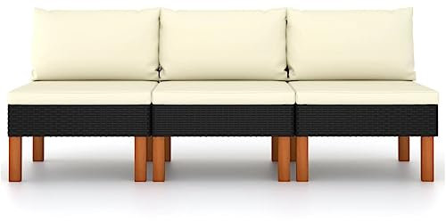 SDWEHO7 3er-Set Gartensofa, 3-Sitzer Lounge Sofa Outdoor Gartenmöbel Mittelsofa Terrassensofa Gartenbank Gartenlounge Sofa, Poly Rattan und Eukalyptus Massivholz