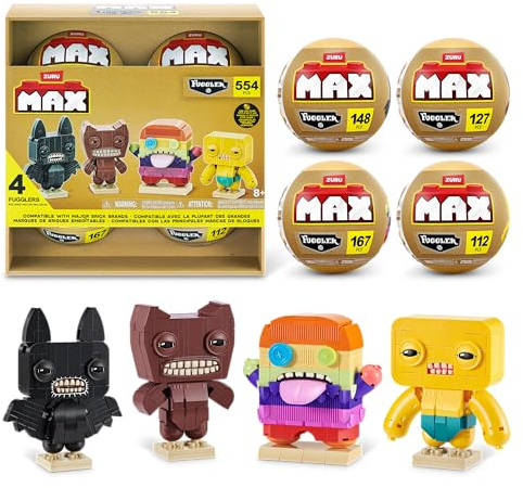 MAX Build More Premium Fuggler Collection 4 Pack by ZURU - Novelty Unboxing Toy & Building Brick Collectible Minis with up to 167 Pieces, Fun Designs to Build & Display, Ages 8+, Kids, Teens & Adults.