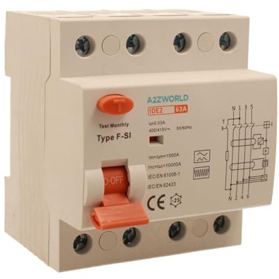 RCCB Interrupteur différentiel pur type F triphasé 63A, 3P+N 4 modules DIN, 30 mA, 6000 A, AC 380 V, IP20
