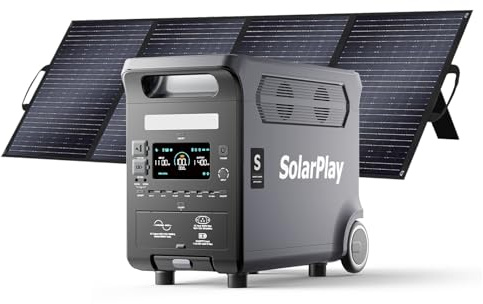 SolarPlay 3840Wh Powerstation mit 400W Solarpanel, 3600 W Solargenerator LiFePO4-Akku mit UPS, 3x230V AC Ausgang,Power Station mit Griff Schnelles Stromspeicher Aufladen für Outdoor,Camping,Wohnmobil