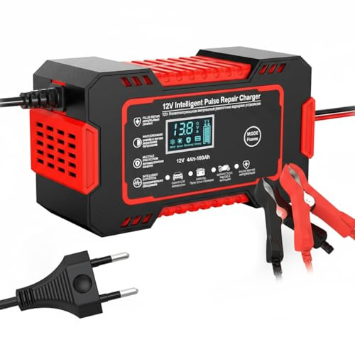 DAHJSD Chargeur Batterie pour Yamaha Xmax 250 300 Xmax 400 125 X-Max 250 X-Max 300 X-Max 125 – 12V 6A Chargeur Intelligent Auto/Moto, Écran LCD, Arrêt Auto, Charge Protections Multiples,B Red