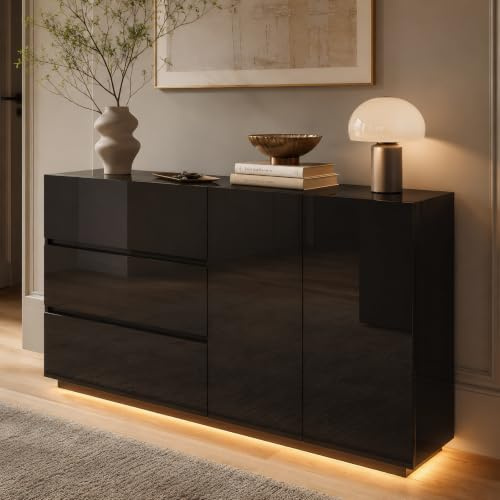 Kommode Schwarz Hochglanz, Sideboard Modern Mit LED Beleuchtung, 3 Schubladen, 2 Türen, 160 cm Breit, Buffetschrank Küchenschrank Wohnzimmerschrank Für Schlafzimmer Esszimmer Büros Flur,160x35x76cm