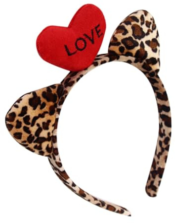 Homoyoyo Leopardenmuster Stirnband mit Katzenohren und Herzchen Design für Damen Valentinstag Cosplay Haarband aus Plüsch für Party und Fotoshootings