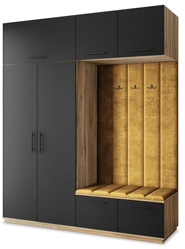 Masseno Flugarderoben Set Rema, Kleiderschrank-Set mit Sitzbank, Garderobenschrank Flur mit 5 Regalböden, Eiche Wotan/Schwarz