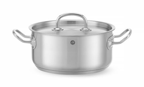 HENDI Kochtopf, Niedrig, mit Deckel, geeignet für alle Herdarten, flacher Boden, kühl bleibende Griffe, Induktionskochtopf, Bratentopf, Fleischtopf, 2,9L, ø200x(H)95mm, Edelstahl, Aluminium