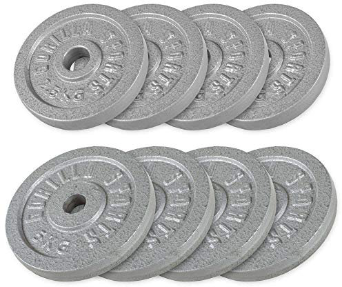 GORILLA SPORTS® Hantelscheiben - Set/Einzeln, 0,5/1,25/2/2,5/5/10/15/20/25/30 kg Gewichte, 30/31 mm, Gusseisen, Silber/Schwarz - Gewichtsscheiben, Bumper Plates