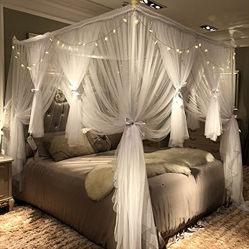 Joyreap Bettvorhang mit 4 Ecken, für Mädchen und Erwachsene, luxuriöses, gemütliches Drapiernetz, niedliche Prinzessinnen-Schlafzimmer-Dekoration, Zubehör (weiß, 119,4 cm B x 198,1 cm L, Twin)