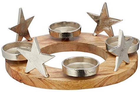 Cepewa 63558 Adventskranz Kranz mit Stern Kerzenteller Aluminium Mangoholz 4 Kerzenhalter ca. Ø 29,5 cm - Höhe ca. 12,5 cm