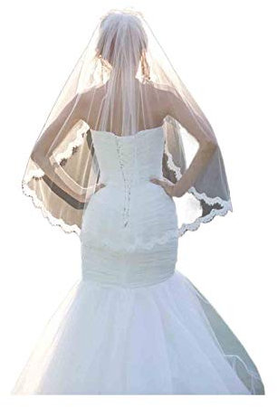 Olbye Damen Hochzeit Schleier mit Kamm Fingerspitzenlänge Brautschleier 1T 1 Schicht bestickt Spitze Schleier für Braut - Weiß -