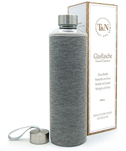 T&N Glasflasche 1 Liter / 750ml / 500ml – Trinkflasche Glas 1l mit Neoprenhülle – Wasserflasche Auslaufsicher – Glastrinkflasche aus dickerem Borosilikat-Glas für Kohlensäure geeignet