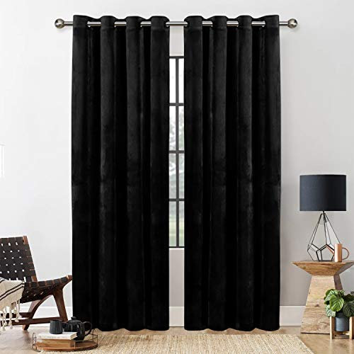 Yorkshire Bedding Black Crushed Velvet Curtains 54 Inch Drop Eyelet Room Darkening velvet Curtains for Bedroom Decor Fully Lined Window Treatment + Tie Backs (116cm x 137cm)
