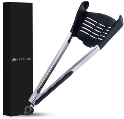 Cyraeon 12 Silicone 2 in 1 Kitchen Spatula & Tongs, Heat Resistant up to 450°C, with Premium Stainless Steel Frame. Strong Handles to Lift and Serve Food & BBQ. Dishwasher Safe, Lift & Flip Easily.