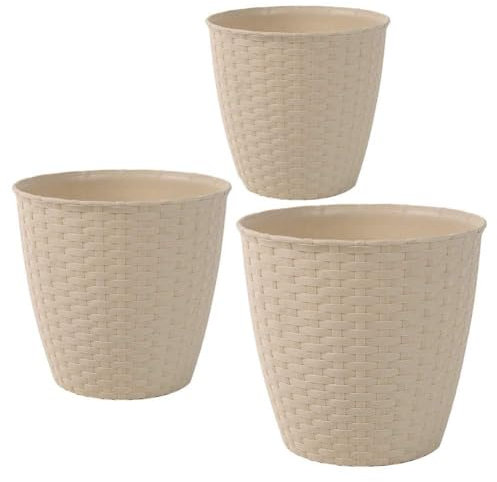 MHGLOVES Kunststoff-Blumentöpfe 3Er Set, Imitation Rattan Weben Blumentopf, Blumenvase Übertopf Pflanzkübel Pflanztöpfe Plastik Pflanzentopf Kräutertopf Für Innen Und Draußen,Beige