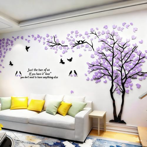 Albero Adesivo da Parete, Alberi e Uccelli 3D Adesivi Murali Arts Wall Sticker Decorativi per TV Par, Camera da Letto, Ufficio(Porpora Destra,M-250 * 130cm)