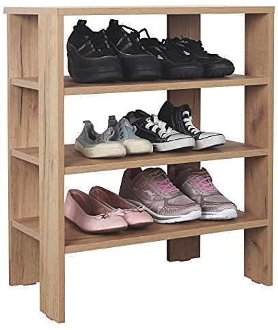RICOO Schuhregal schmal und hoch 70x60x32cm Standregal Pressholz Eiche Braun WM039-EG, Schuhständer mit 3 Ebenen, Schuhschrank offen, Schuhablagen Flur Shoe Rack, Schuhablage klein, Schuhregale