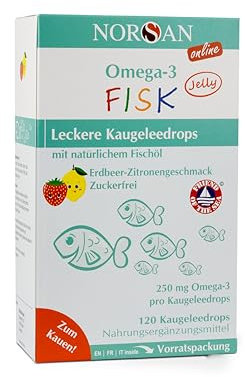 NORSAN Omega-3 FISK Jelly 120 hochdosiert - für Kinder mit 250 mg Omega-3 pro Kaugeleedrops mit EPA & DHA - Tagesdosis mit Zitrone-Erdbeer-Geschmack