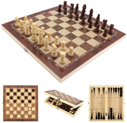 Icegrey Schachbrett Holz Traditionelle Spiele Tragbare Aufbewahrung Internationales Schachspiel Wooden Chess Set für Familie Geschenk Reisen Kinder und Erwachsene 34x34cm