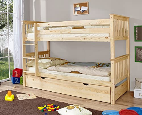 TiCAA Etagenbett, Kinderbett, Stockbett Funktionsbett für Kinder mit Treppe & Schubkasten mit Ausziehfunktion teilbar in Zwei Einzelbetten aus Kiefer Natur Massivholz Bettgestell 90 x 200