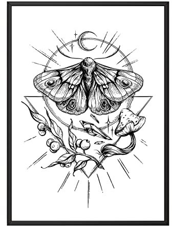 Moth Moon Poster Premium Mond Wallart Bild Motte Kunstdruck Spiritualität Magisch Okkult Fine Art Witch Aesthetic Wandposter Wicca Deko (DIN A4 ohne Rahmen)