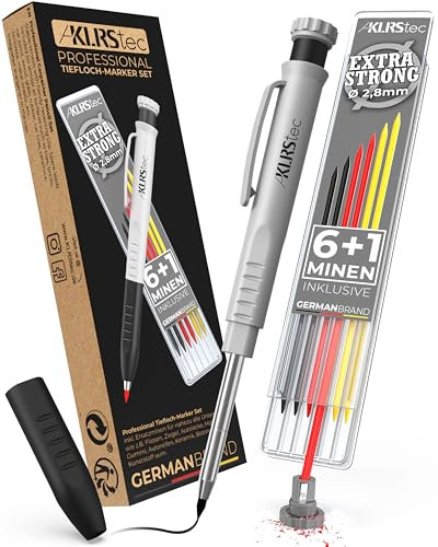 KLRStec Professional Tieflochmarker inkl. 7 Minen - Zimmermannsbleistift für die Baustelle - Bohrlochmarker, Markierstift, Handwerker Bleistift, Lochmarkierer