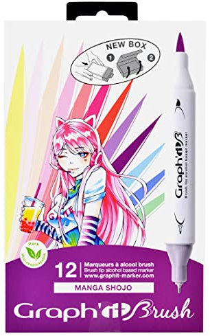 GRAPH'IT - Set de 12 Marqueurs à Alcool Double Pointe : Extra-fine et Pinceau - Dessin de Manga et Illustration - Professionnel et Débutant - Série Manga Shojo