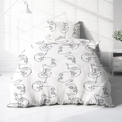 Träumschön Premium Bettwäsche 155x220 + 80x80 cm - One Line Design Weiß - Sommer Bettwäsche aus Baumwolle – Weich, Atmungsaktiv & Hautfreundlich - bügelfrei