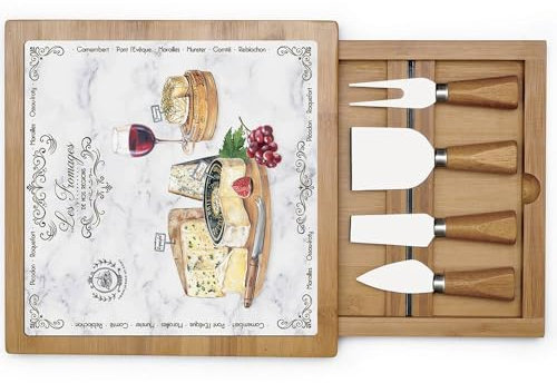 Easy Life Käseschneidebrett aus Glas und Bambus mit 4 Vintage-Messern „Les Fromages“ 25,5 x 25,5 cm
