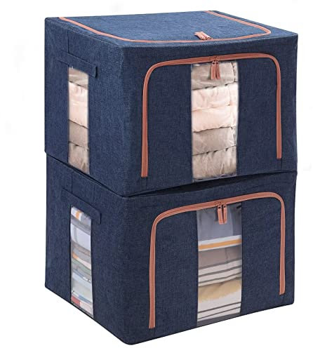 Tasmegol Steel Frame Storage Box Stackable Foldable Clothes Bins Linen Cloth Closet Containers Organizer Bags for Clothing Sweater Bedding Blanket (Navy 2 Pack 100L)