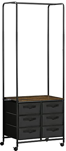 HOMCOM Industrial Hanging Clothes Rail, Clothes Rack with 6 Fabric Drawers, Open Wardrobe Organiser for Hallway, Bedroom and Closet, Rustic Brown