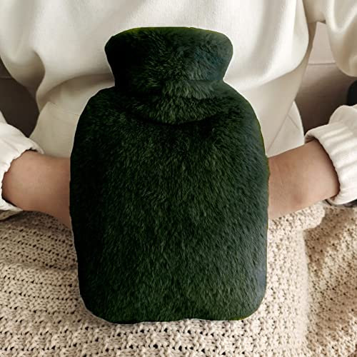 Wärmflasche mit Flauschige Bezug - Kuschelweichem Wärmeflasche mit Handwärmer, Bettflasche für Frauen Männer Kinder Warmflasche mit Bezug Zur Schmerzlinderung,Grün,2L