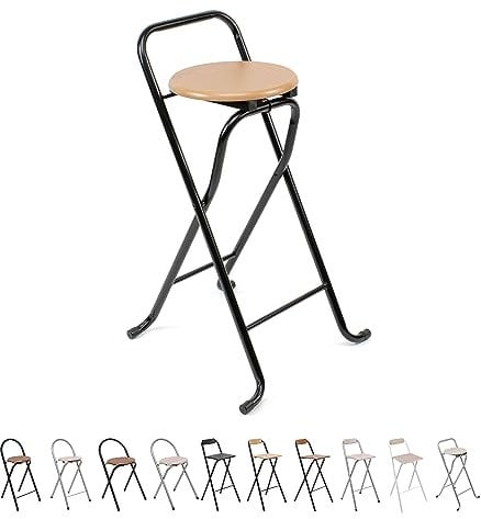 THE SECRET HOME Taburete Plegable con Respaldo - Silla Plegable de Metal y Madera - Ideal para Cocina, Terraza o Jardín (Alto. 80 cm x Largo. 45 cm - Patas Negras)