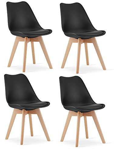 NMK HOME Esszimmerstühle 4er Set - Samt Stühle Esszimmer - Küchenstühle mit Sitzpolsterung und Natürlichen Holzbeinen - Schwarz Kunststoff Stühle mit Holzgestell