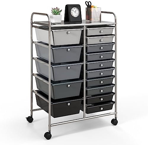TANGZON 15 Drawers Storage Cart, Multipurpose Mobile Organizer with Lockable Wheels, Utility Rolling Trolley for Home Office Stationery Beauty & Salon (Gradient Black + Silver Frame)