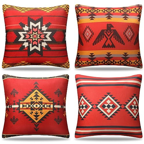 Cheekywares Kissenbezüge 40x40 cm Retro Geometrisch Ethnische Stammes Sofakissen Dekokissen Dekorativ Kissenbezug Leinen Kissenhülle mit Unsichtbarem Reißverschluss für Sofa Wohnzimmer Bett 4 Stück