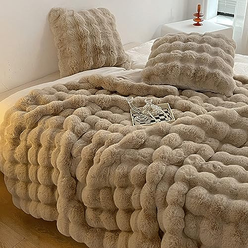 Fouriding Faux Kaninchen Pelz Decke - Winter Weich Warm Blase Kunstpelz für Bett Sofa Casual Bettdecke (Camel, 160×200CM)