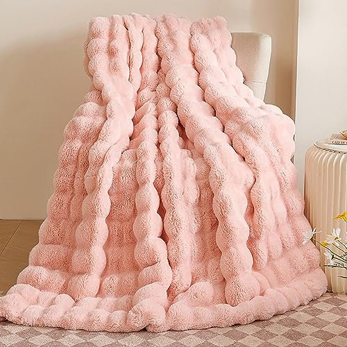 Couverture en peluche pour le canapé - Couverture en fausse fourrure de lapin super douce, couvertures mignonnes pour les femmes, couvertures légères et chaudes pour le lit, le canapé, le sofa (Rose)