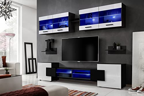 Komodee, Wohnwand Wohnzimmerset RTV Foggia, Front in Weiß Hochglanz/Karkasse in Schwarz Matt, Breite 230cm x Höhe 195cm x Tiefe 35cm, LED Blau, für Wohnzimmer, Schlafzimmer