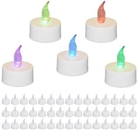 Relaxdays Bougies Chauffe-Plat LED, Lot de 50, Changement Couleur, Bougies sans Flamme, H x D : 4,5 x 3,5 cm, Blanches