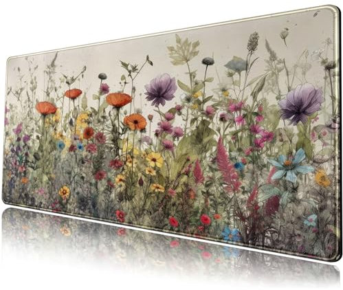 Aquarell Blumen Schreibtischmatte, florales Boho XL Mauspad, großes erweitertes Vintage-ästhetisches Pad, Laptop-Tastaturmatte, süßes Gaming Schreibtischpad, 80 x 30 cm, Büro-Dekor für Damen