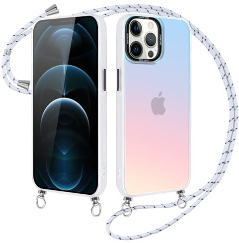 Xylota Handykette für iPhone 12 Pro Max 6.7 '' Hülle mit Band, Bunt Matt Silikon Handyhülle Bumper Case mit Kette Kordel Schlüsselband, Stoßfeste Schutzhülle für iPhone 12 Pro Max zum Umhängen, Weiß
