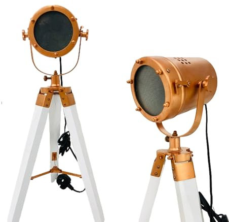 HOMYZ Mini Searchlight with White Tripod Base Copper Hollywood Spotlight Table Lamp Small Spotlight Bedroom Home Decor Desk Lamp