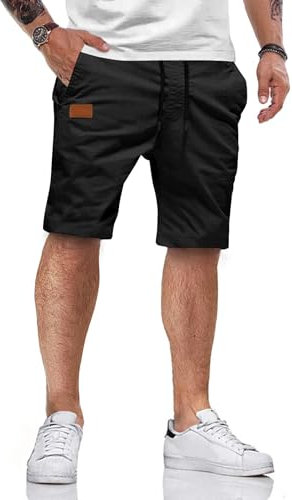 HMIYA Kurze Hosen Herren Baumwolle Chino Shorts Sommer Freizeitshorts Elastische Taille mit Taschen(Schwarz,EU-M)