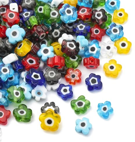 Stiesy Lot de 128 perles en verre soufflé Millefiori contre le mauvais œil et fleur de prunier pour la fabrication de bijoux, colliers et bracelets