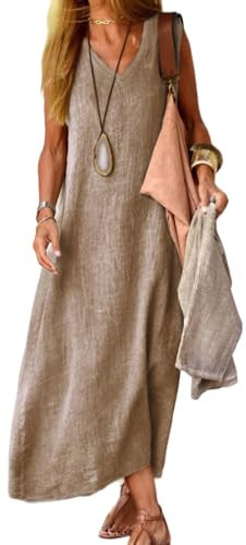 Vestidos de Verano 2024 para Mujer, Vestido Largo sin Mangas con Cuello en V, Vestidos de Playa de Color sólido, Vestido Informal Suelto de Lino y algodón