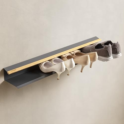 Armore Schuhregal, modern, platzsparend, schmal, zum Aufhängen an der Wand, Eingangsbereich, Metall, Holz, mit 1 Sichtablage, für bis zu 4 Paar Schuhe, robust, offenes Regal (80 cm, Schiefergrau x 1)
