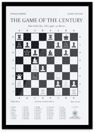 A&A Schachthemen-Poster-Rahmen 33 cm x 45.7 cm/Jahrhundertspiel von Bobby Fischer und Donald Byrne in New York, 1956 / Schwarzer Holzrahmen