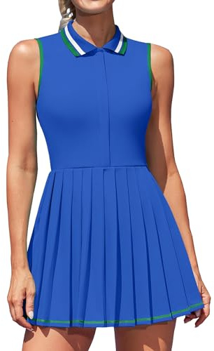 ATTRACO Women's Tennis Dress with Built in Shorts and Bra Pleated Tennis Skirts with Pockets Collared Workout Dresses Blue L