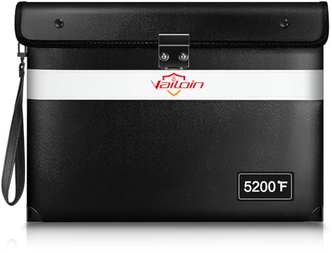 Vailoin 5200℉ Feuerfeste Dokumententasche mit Schlos,Abschließbare Feuerfest Wasserdicht Tasche,Verschließbare Geldtaschen Aufbewahrung für A4 Dokumente,Bankdatei,Geld,Wertsachen(34x28cm,Schwarz)