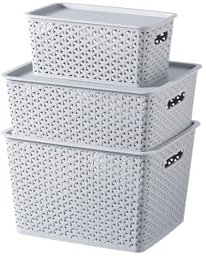 Qualiware Premium Elite Plastic Multipurpose Storage Baskets with Lids Pack of 3, Organiser Basket for Home Kitchen Wardrob Toys Stationary, Daiso Grey
